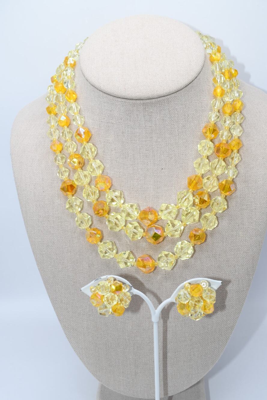 Vintage West Germany Yellow Lucite Necklace Earring Set 3 Strand